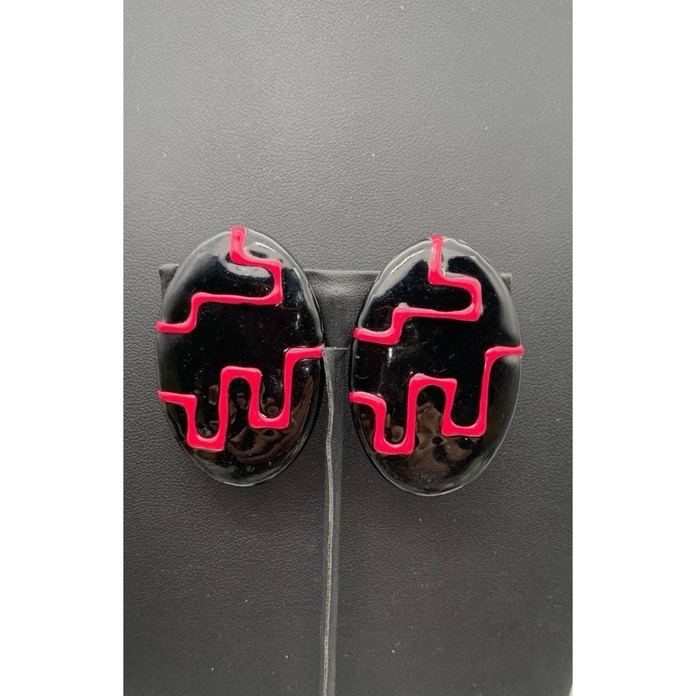 Vintage 80's Large But Light Bold Black & Pink Geometric Oval Clip‎ On Earrings